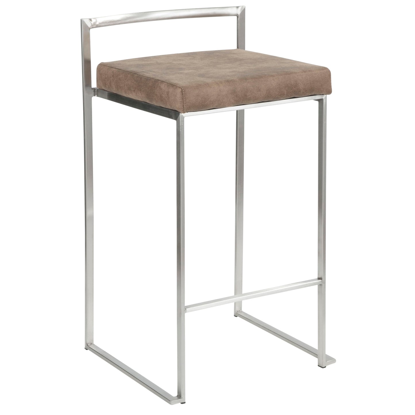 The Fuji Contemporary Elegant Stackable Counter Stool Set features a minimalist metal frame, rectangular brown cushioned seat, low backrest, and open sides with straight, clean lines—perfect for modern spaces.