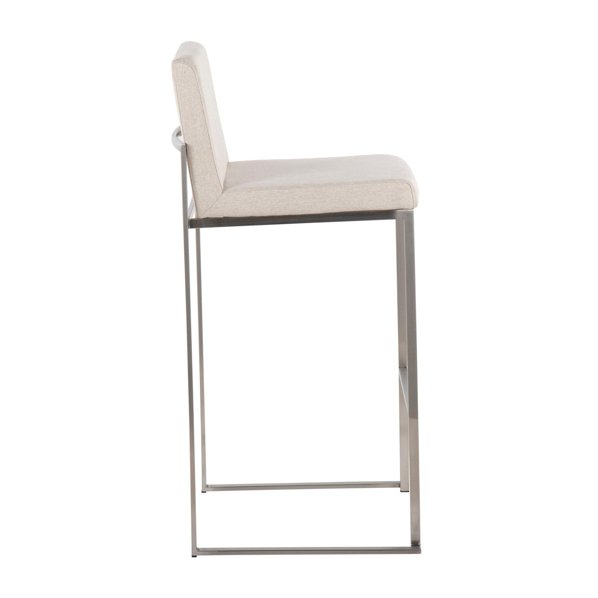 Side view of the Fuji - Contemporary And Modern Elegance High Back Barstool, showcasing a beige cushioned seat and backrest with a minimalist metal frame featuring straight lines and a rectangular base.