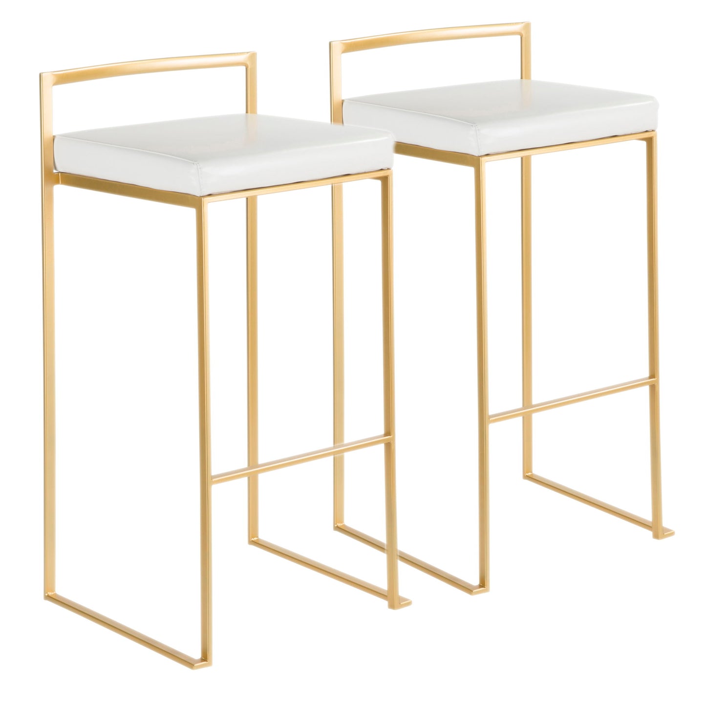 The Fuji Contemporary Barstools feature gold metal frames, white cushioned seats, and minimalistic square backs with open sides. Stylish and durable, these glam barstools are shown side by side on a white background.