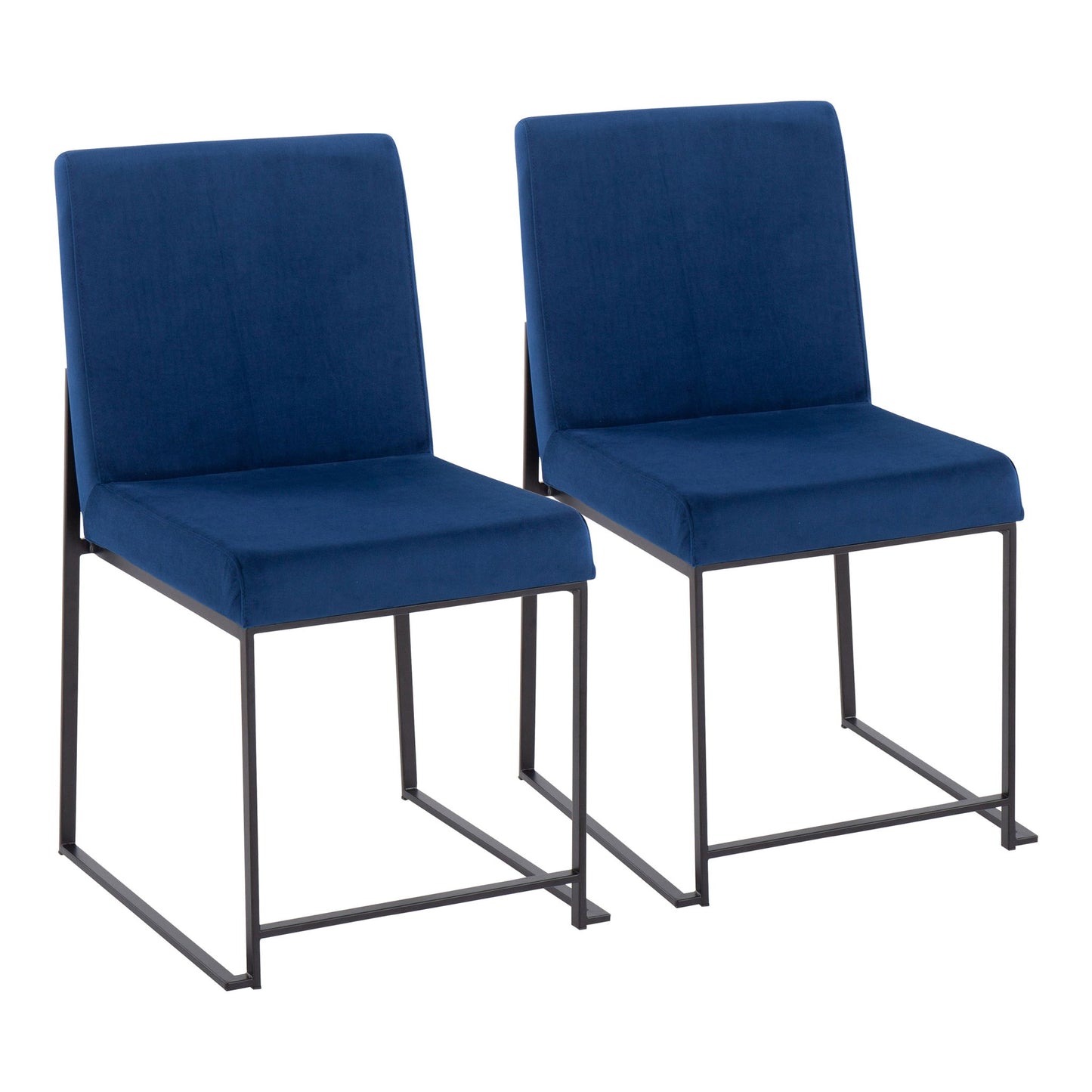 The Fuji Contemporary Modern Elegance High Back Dining Chair set of 2 features dark blue cushioned seats and backs, black metal frames and legs, shown side by side on a white background.