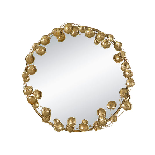 The Round Metal Wall Mirror with Leaf Accents features a decorative gold frame and modern design, making it a luxurious and artistic decor addition for your living room, entryway, or hallway.