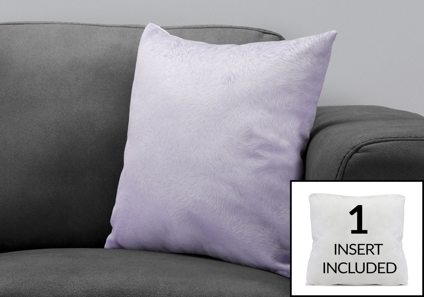 A light purple Pillows, Square, Insert Included, Decorative Throw, Hypoallergenic, Modern rests on a dark gray sofa. Inset image: a white pillow insert labeled "1 INSERT INCLUDED" in the corner.