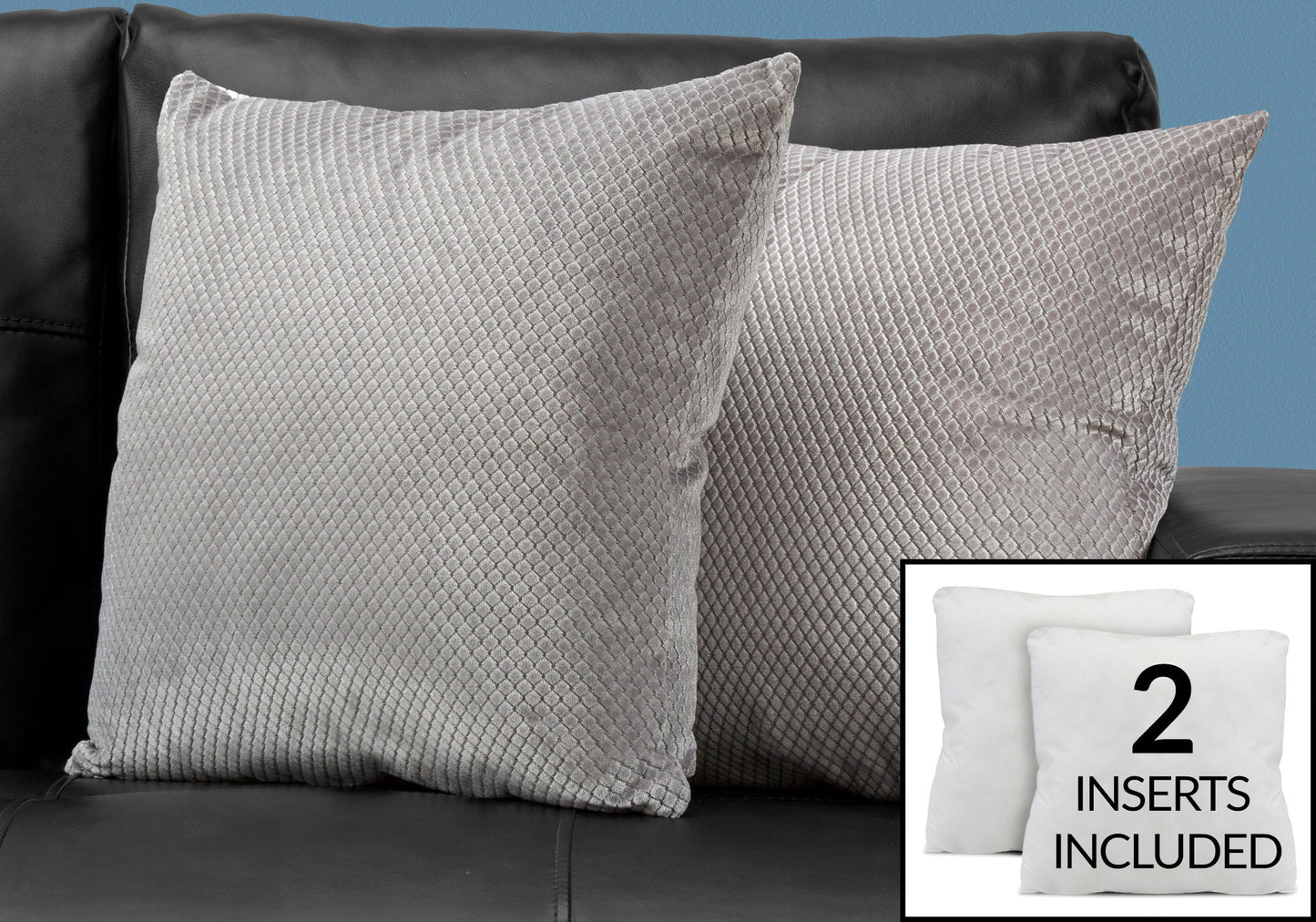 Two modern square decorative throw pillows with hypoallergenic inserts sit on a black leather couch; an inset shows the included two white pillow inserts.