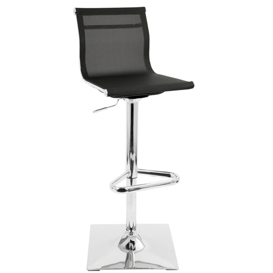The Mirage is a contemporary adjustable barstool with swivel, featuring a black mesh seat and backrest, chrome frame, square base, footrest, and a convenient height adjustment lever on the side.