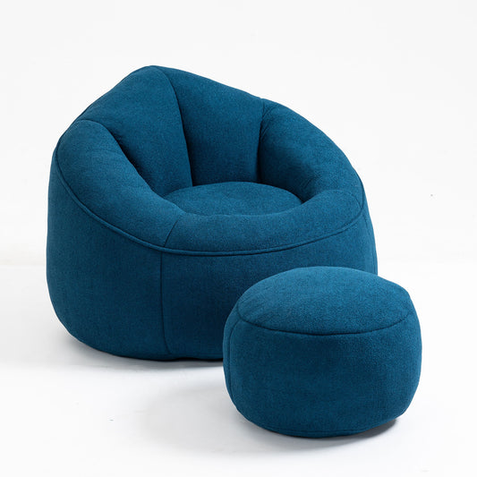 The Bedding Bean Bag Sofa Chair, made of high-pressure foam and paired with a matching footrest, features modern rounded edges and plush textured upholstery in blue against a plain white background.