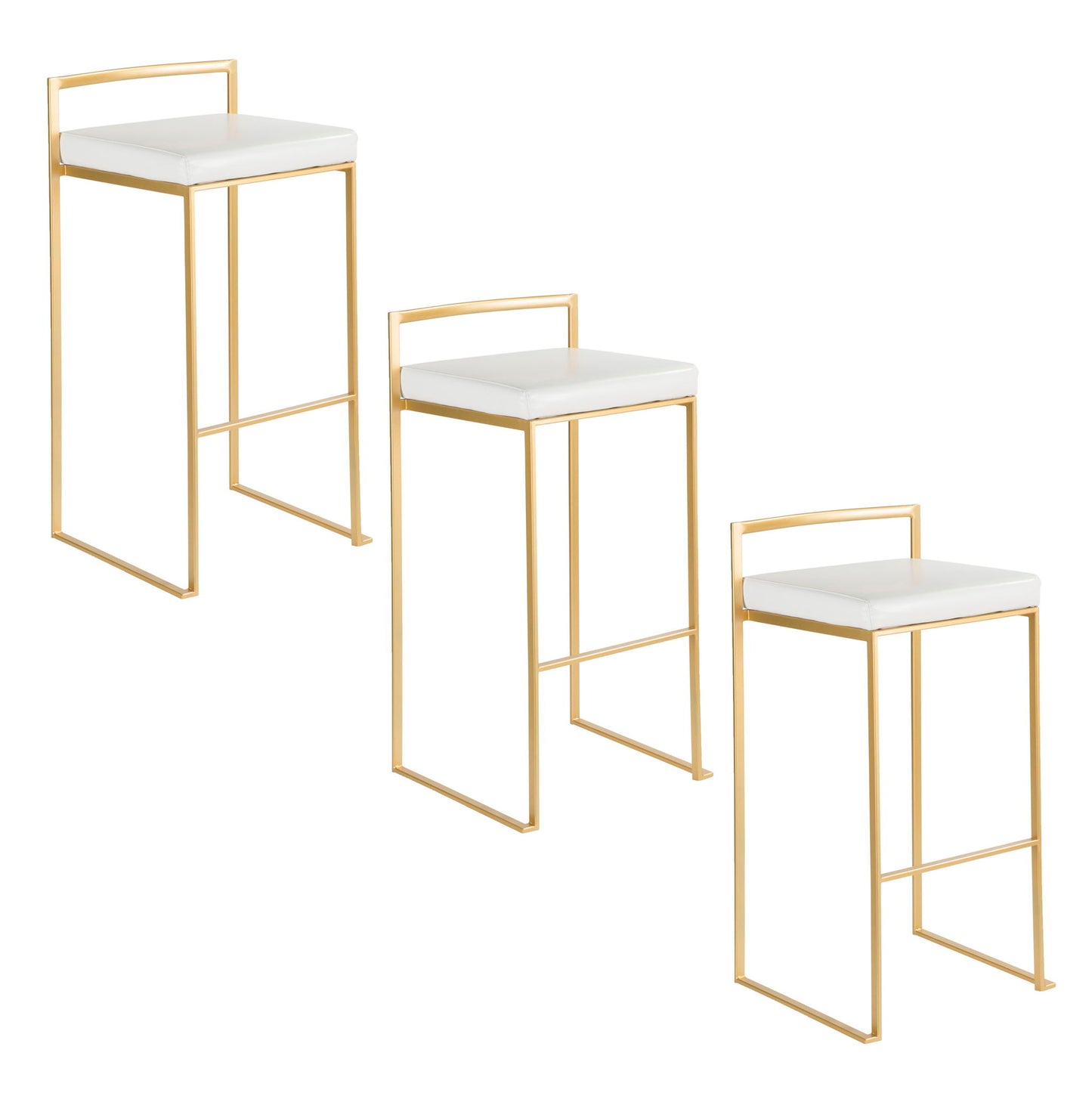 The Fuji - Contemporary / Glam & Quality Construction Barstool features gold metal frames, white cushioned seats, minimalistic backrests, and a sleek design. Three stools are arranged in a staggered pattern against a white background.