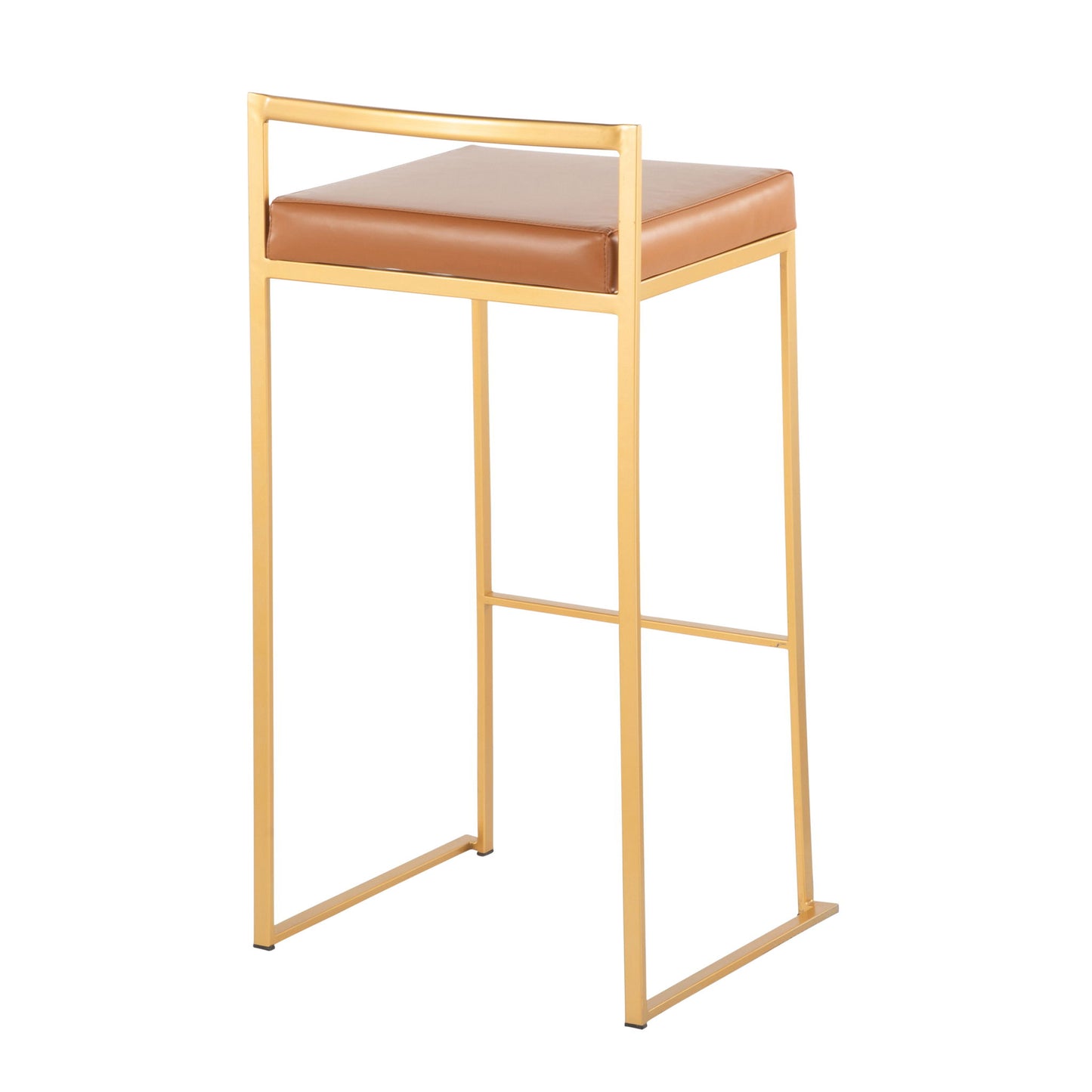 The Fuji barstool features a modern gold metal frame and a brown cushioned seat with minimalist, straight-line design and a horizontal top bar as the only backrest. Contemporary, glam styling with quality construction.