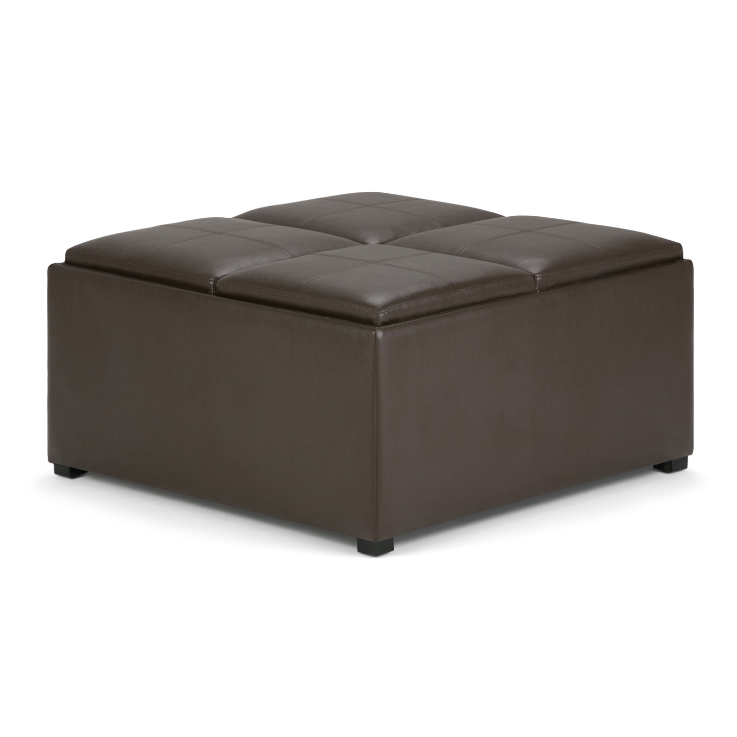 The Avalon Square Coffee Table Storage Ottoman features a large, dark brown leather tufted top and short black feet, shown on a white background.