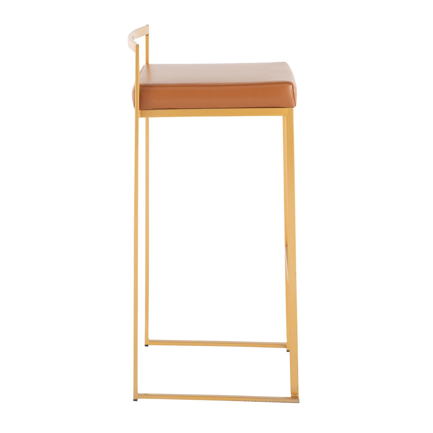 The Fuji Barstool features a minimalist gold metal frame and a light brown cushioned seat, showcasing contemporary glam style and quality construction when viewed from the side.