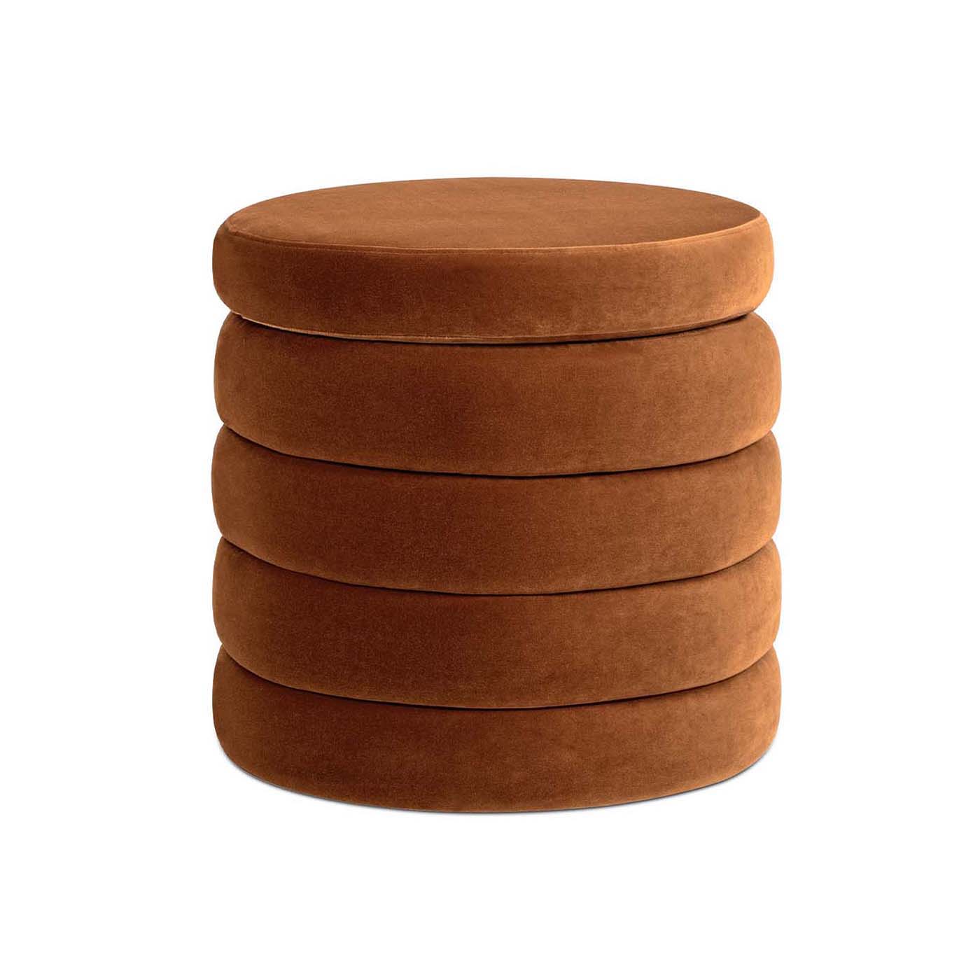 The Fuji - Oversized Round Storage Ottoman features a plush brown velvet texture and a unique, stacked cushion-inspired design.