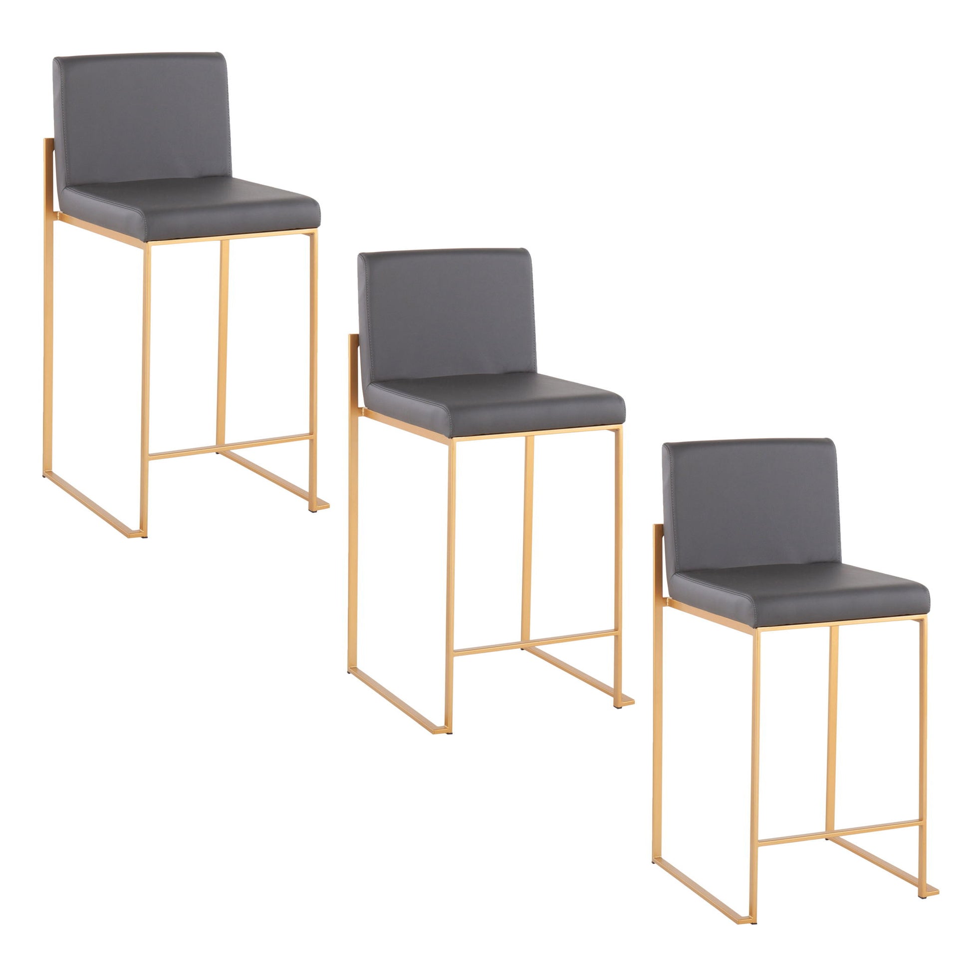 Three Fuji Contemporary High Back Stylish Counter Stools with gold metal frames and dark gray cushioned seats and backs, arranged in a staggered formation on a white background.