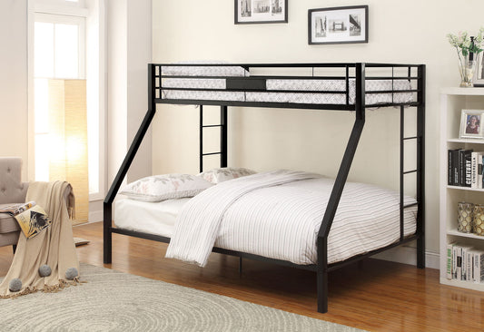 A modern bedroom features the Limbra - Spacious Design Double Bunk Bed with a larger lower bed in striped bedding and a smaller upper bed in dotted bedding, plus a rug, bookshelf, armchair, and wall art.