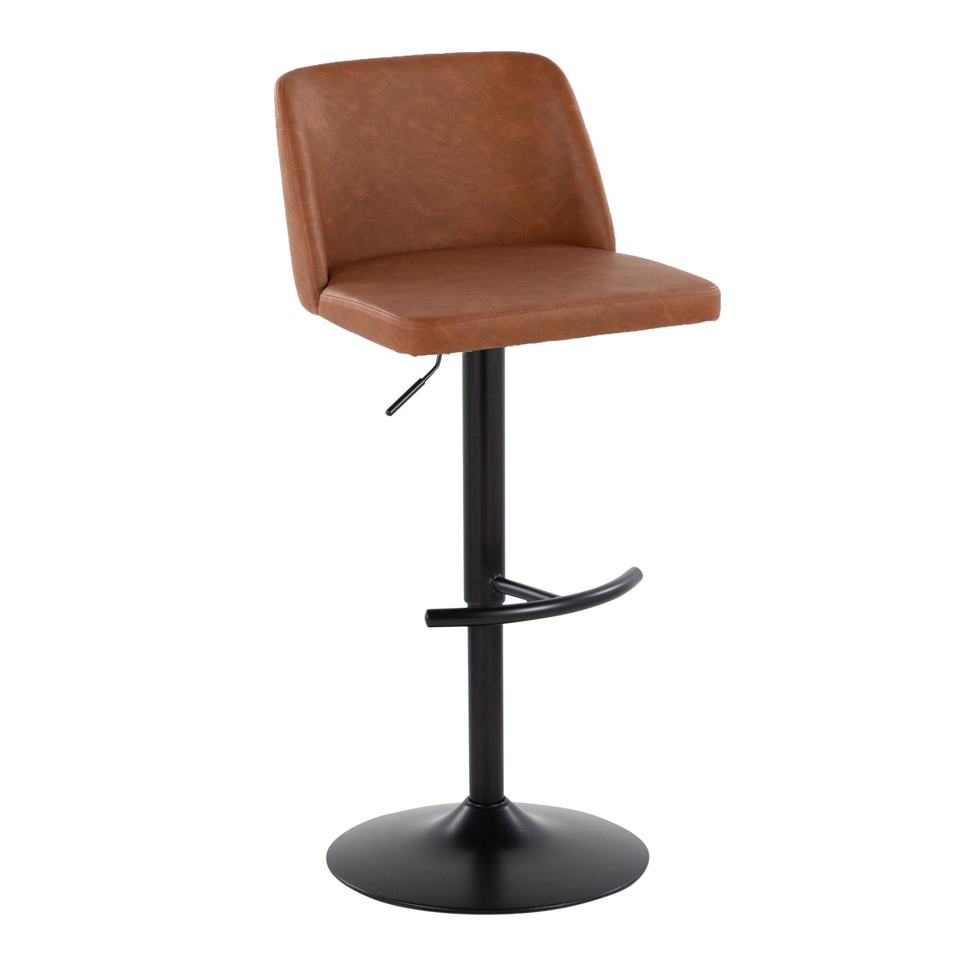 The Toriano Contemporary Adjustable Bar Stool (Set of 2) features a brown faux leather seat, low backrest, cushioned comfort, black pedestal base, rounded T footrest, and height adjustment lever for a modern minimalist look.