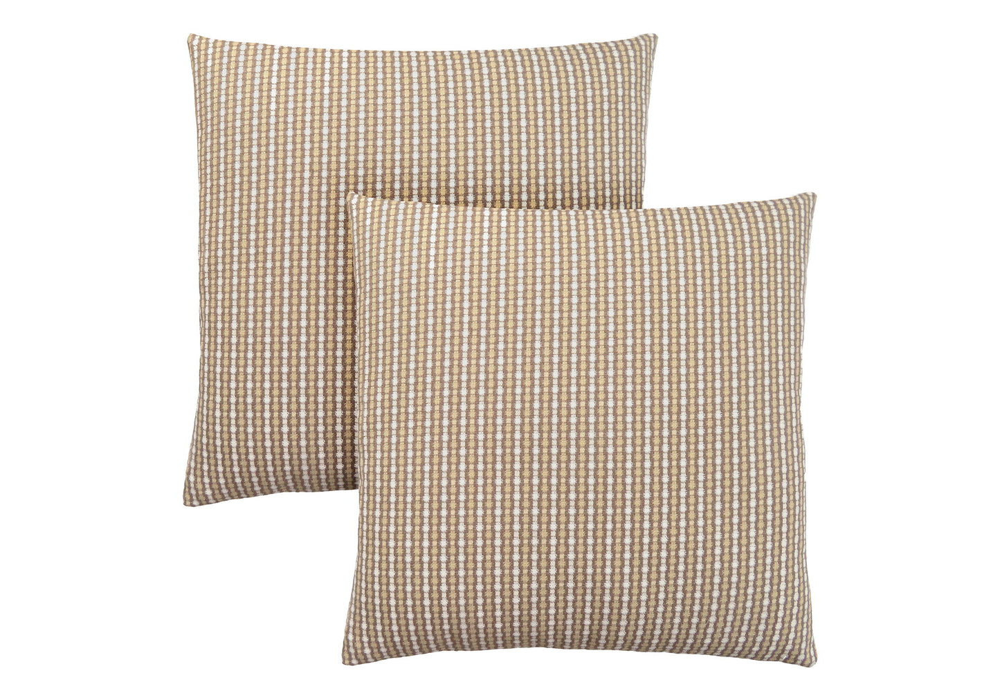 Two square, decorative throw pillows with inserts included and a hypoallergenic fill, featuring a beige and white woven texture, are arranged so one pillow slightly overlaps the other.