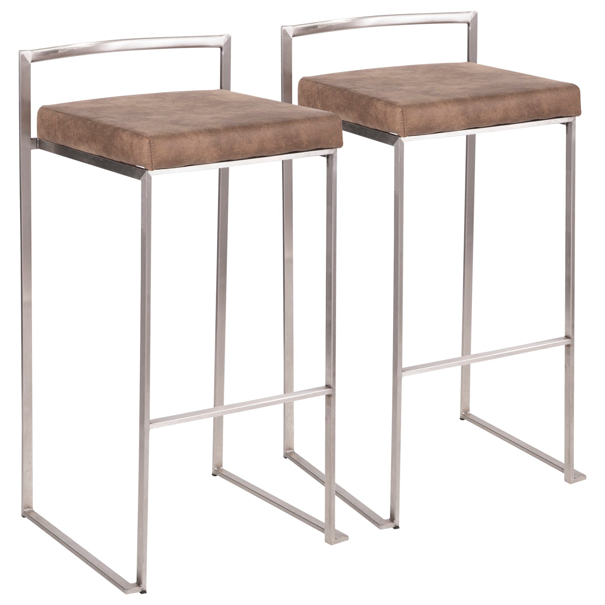 Two Fuji stackable barstools with contemporary metal frames, brown square cushioned seats, and low rectangular backs are placed side by side against a white background.