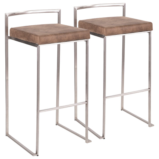 Two Fuji stackable barstools with contemporary metal frames, brown square cushioned seats, and low rectangular backs are placed side by side against a white background.