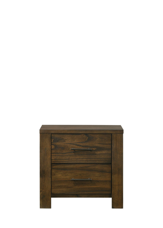 The Merrilee Nightstand in oak features two drawers with horizontal metal handles and a dark brown finish, displayed against a plain white background.