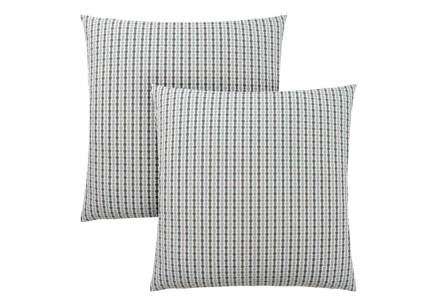 Two square decorative throw pillows with inserts, featuring a small checkered pattern in neutral colors, are shown slightly overlapping on a white background; they are hypoallergenic.
