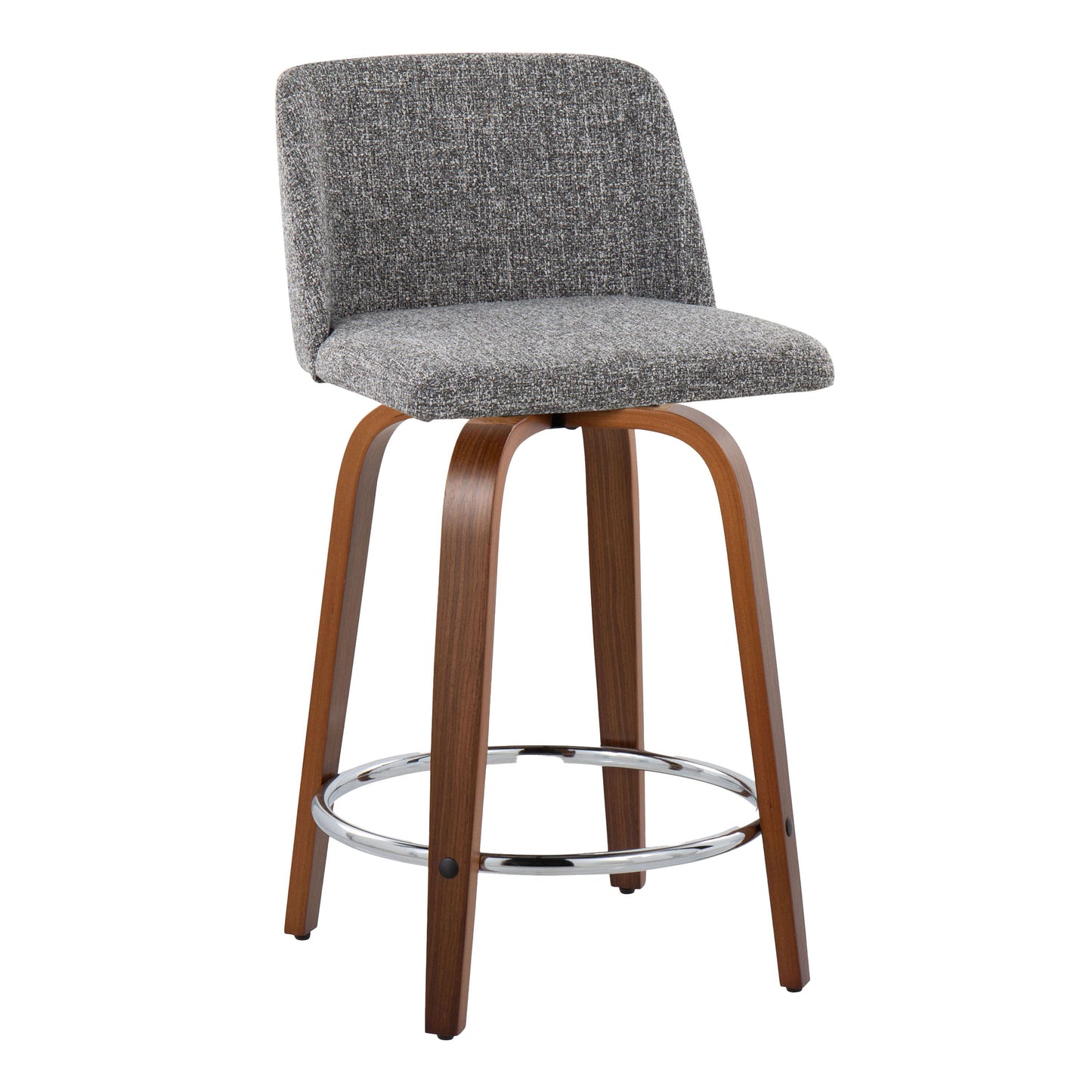 The Toriano set includes two mid-century modern, fixed-height counter stools featuring curved wooden frames, a chrome round footrest, padded seats and backrests upholstered in gray fabric, with legs slightly angled outward.