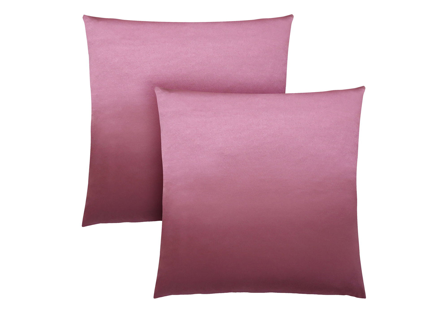 Two modern, square decorative throw pillows with inserts included are shown in soft pink against a white background, one slightly overlapping the other; both are hypoallergenic.