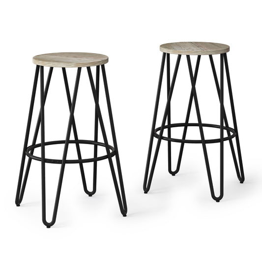 The Simeon Multifunctional Metal Stool features a round wooden seat and black metal legs with a crisscross design and circular footrest, perfect as modern bar stools.