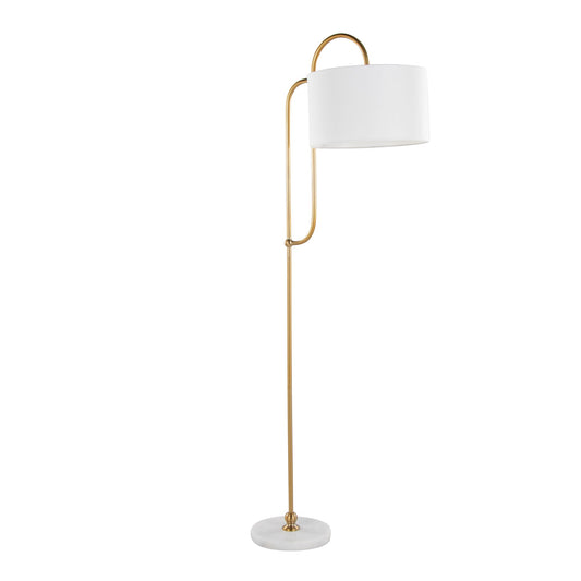 The Leslie Glam / Art Deco Floor Lamp features a gold metal stand with a curved top, a round white lampshade, and a circular white marble base.