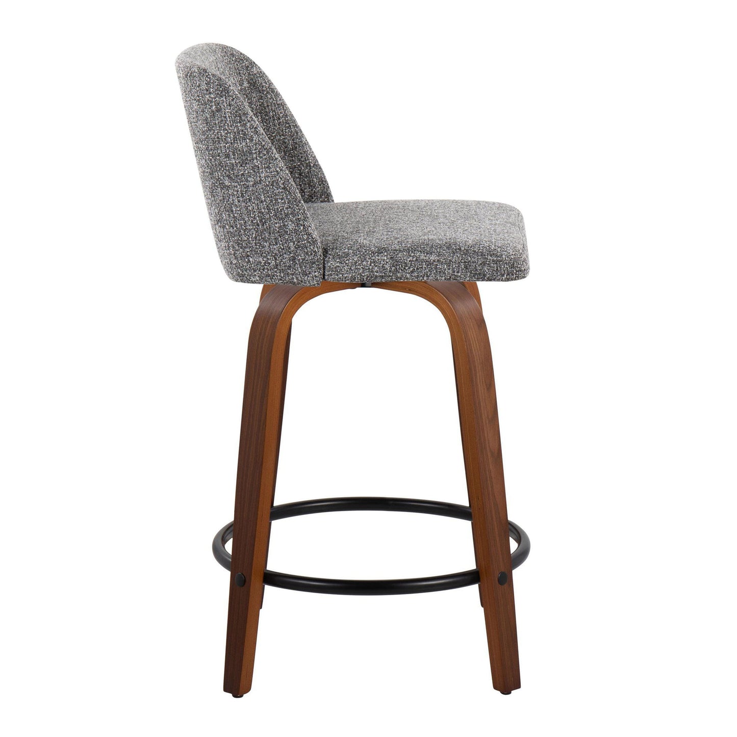 The Toriano set of 2 includes mid-century modern counter stools, featuring gray fabric seats and backrests with wooden frames. Each stool has four legs and a circular black metal footrest, providing a stylish side view.