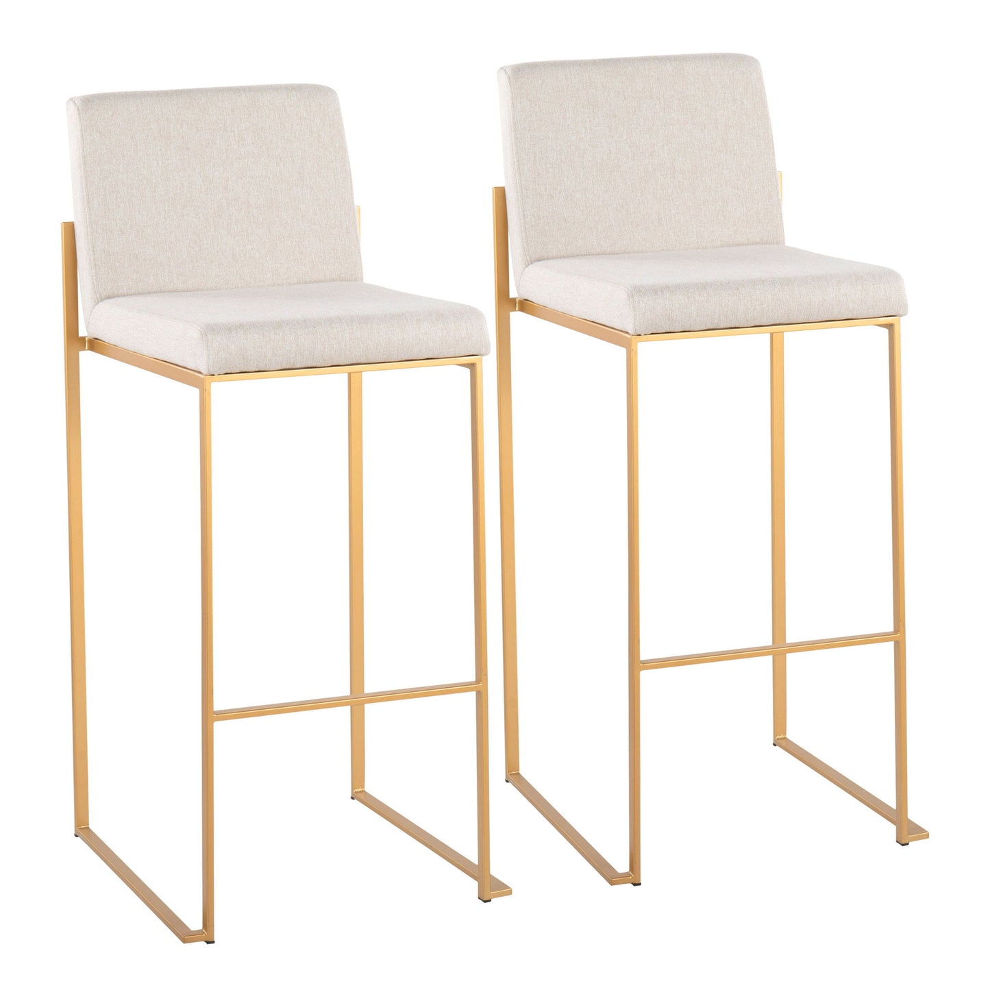 Set of 2 Fuji Contemporary Design High Back Barstools with gold metal frames and light beige upholstered seats and backs, displayed side by side against a white background.
