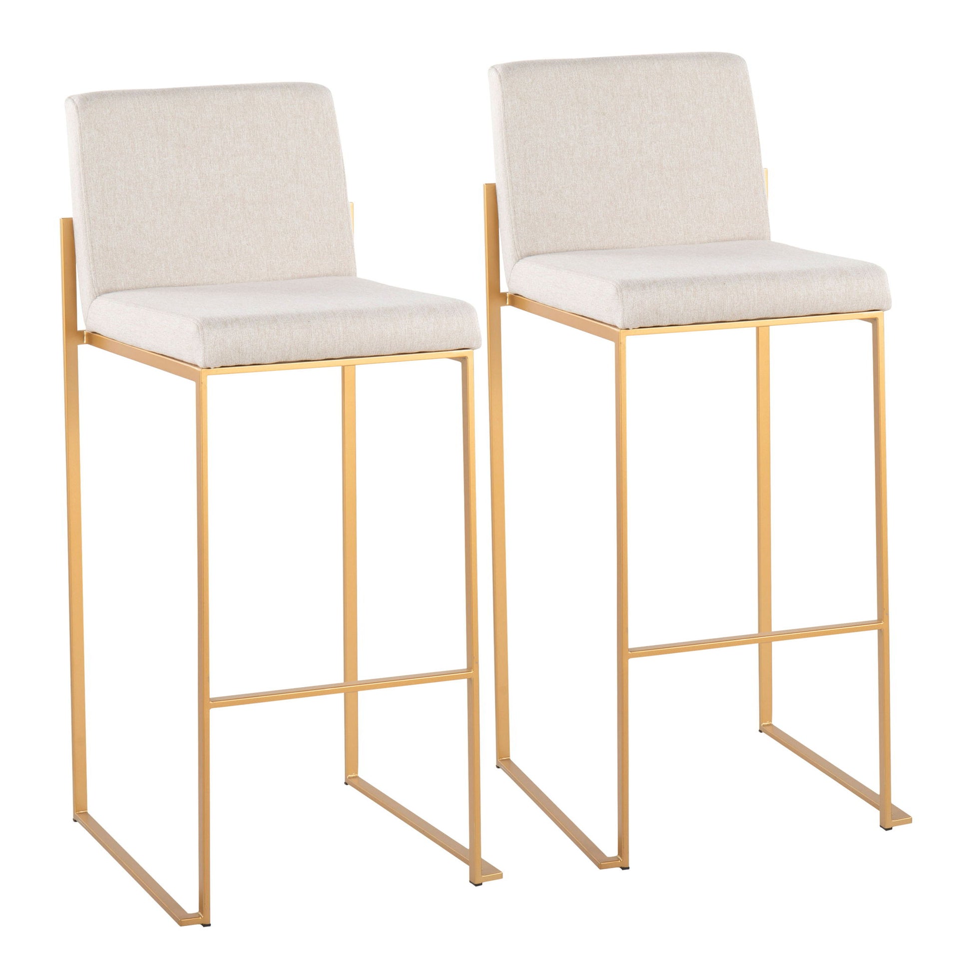 Set of 2 Fuji Contemporary Design High Back Barstools with gold metal frames and light beige upholstered seats and backs, displayed side by side against a white background.