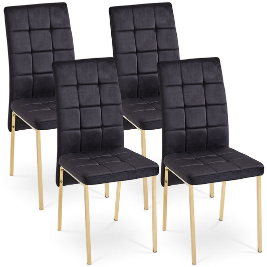 Four Velvet High Back Nordic Dining Chairs with golden color legs and black tufted upholstery, arranged in two rows against a white background.