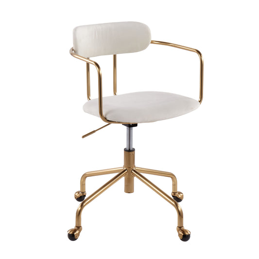 The Demi - Contemporary Office Chair features a white cushioned seat and backrest, gold metal armrests and frame, adjustable height lever, and five gold legs with black caster wheels.