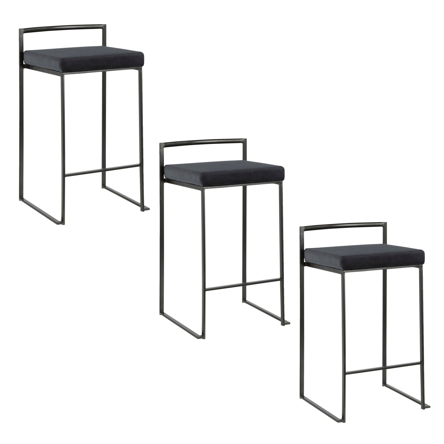 Three Fuji Contemporary Style Stackable Counter Stools feature thin black metal frames, square padded seats, and low minimalist backrests. Arranged diagonally on a white background, they showcase a sleek, modern design.