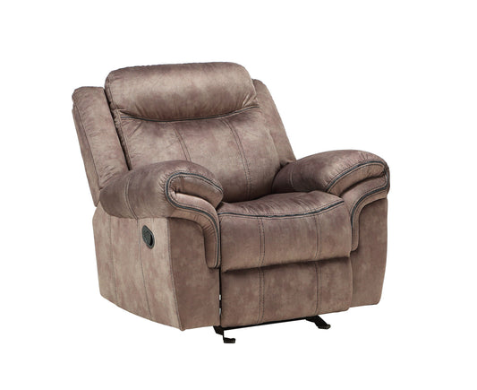The Zubaida Two Tone Velvet Glider Recliner features plush brown upholstery, padded armrests, and a convenient side lever, shown here against a white background.