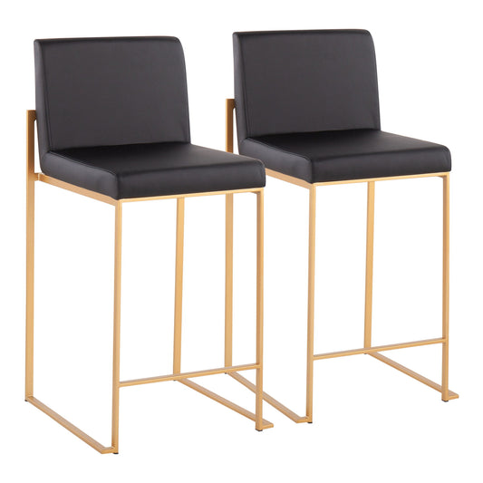 The Fuji Contemporary High Back Stylish Counter Stool set includes two bar stools with black cushioned seats and backs, gold metal frames, footrests, and a sleek minimalist design for modern spaces.
