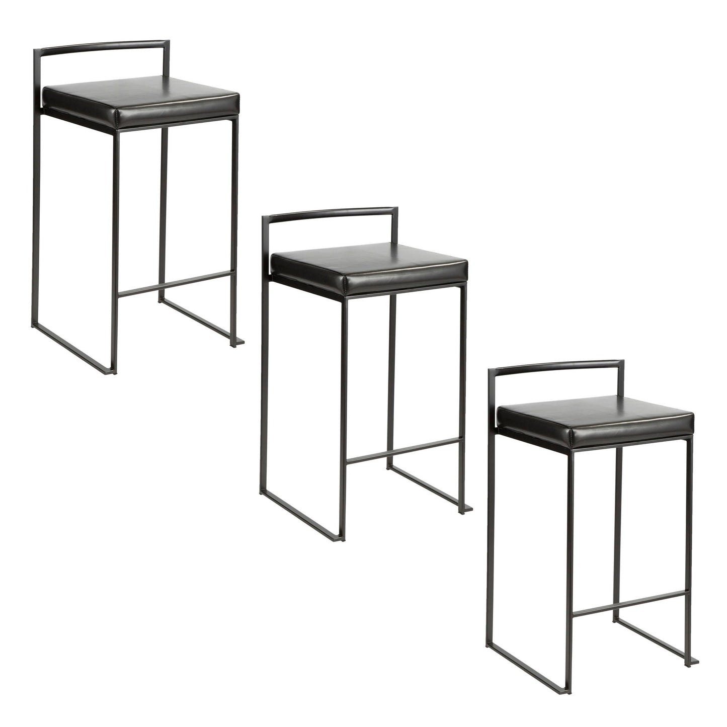 Three Fuji Contemporary Style Stackable Counter Stools with minimalist black metal frames and square cushioned seats are arranged in a staggered row against a white background.