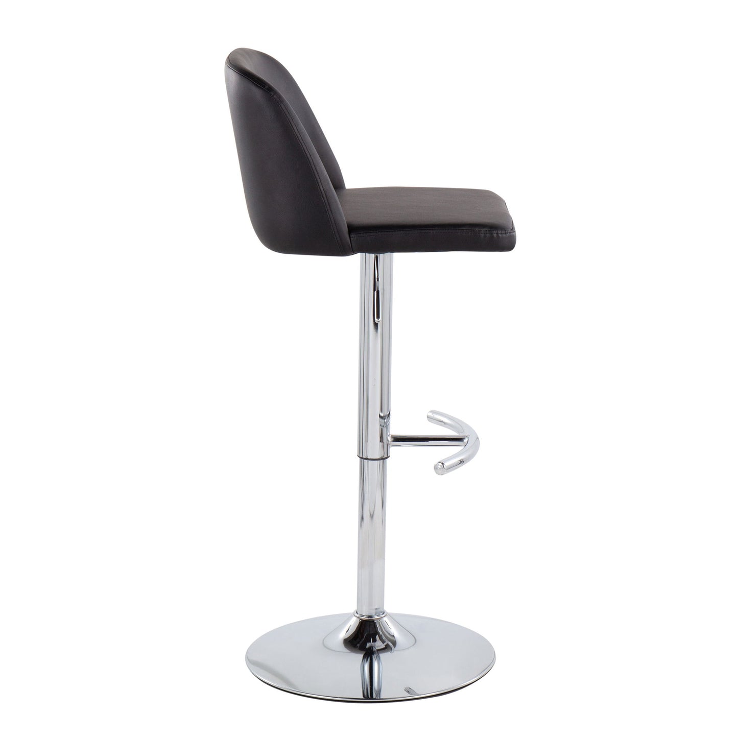 Side view of the Toriano Contemporary Adjustable Barstool (Set of 2), featuring a black cushioned seat and backrest, chrome pedestal base, swivel function, and a rounded T footrest.