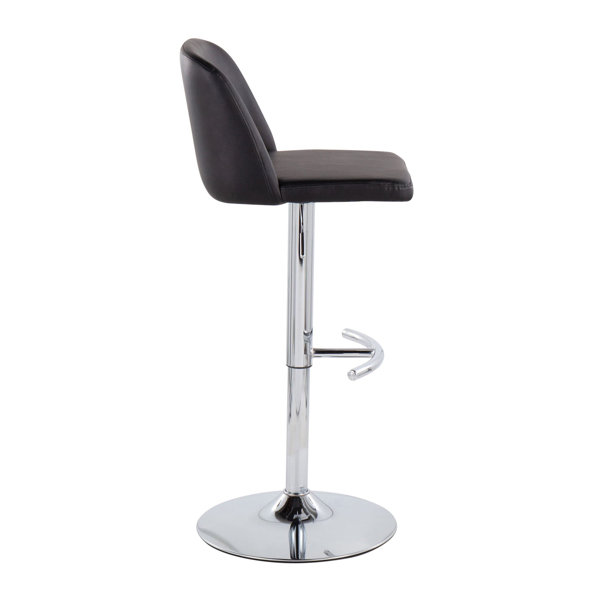 Side view of the Toriano Contemporary Adjustable Barstool (Set of 2), featuring a black cushioned seat and backrest, chrome pedestal base, swivel function, and a rounded T footrest.
