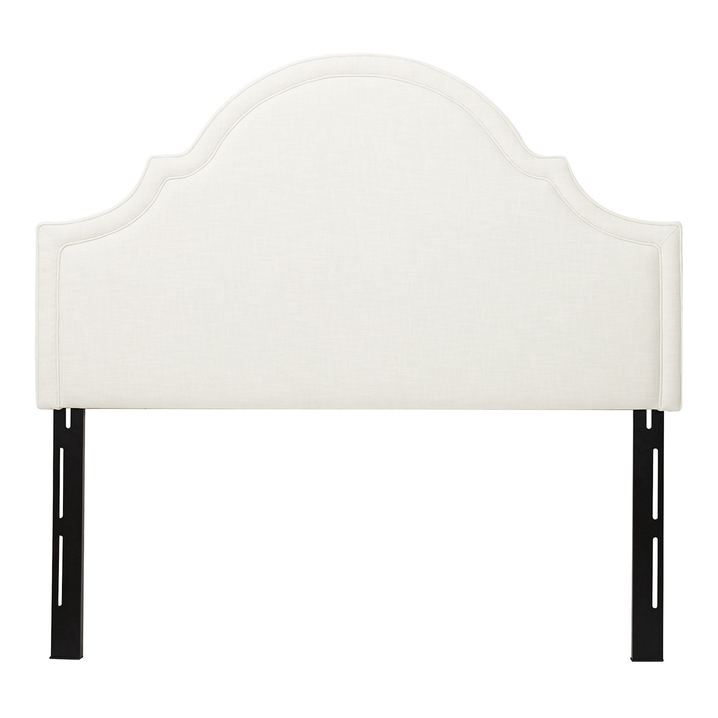 The Catherine - Luxurious Comfort Upholstered Headboard features cream upholstery, a curved scalloped top, and black metal support legs, displayed against a white background.