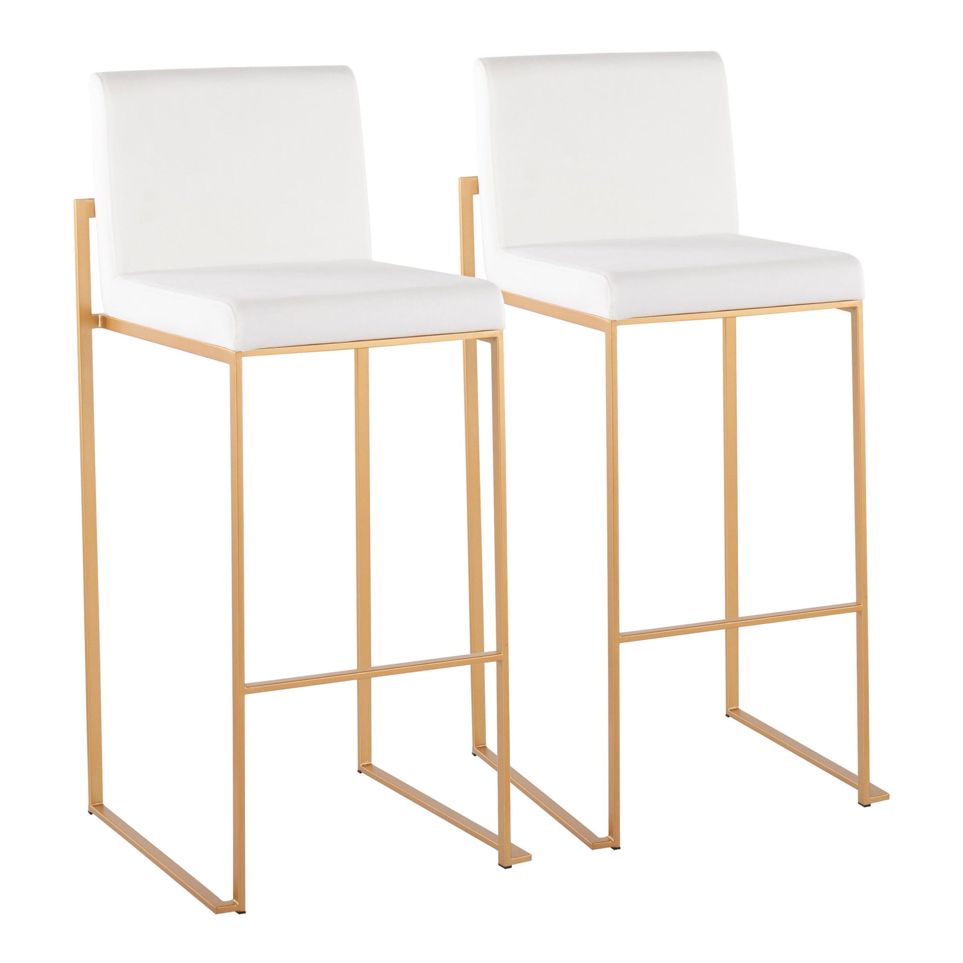 The Fuji Contemporary Design High Back Barstool Set includes two identical bar stools with white cushioned seats and backs, slim gold metal frames, square legs, and footrests. Both stools are shown side by side against a white background.
