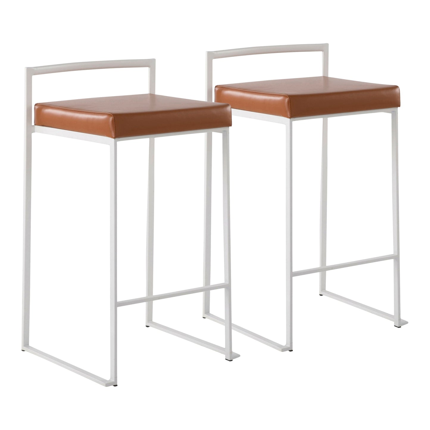 The Fuji - Simple Elegance Contemporary Stackable Counter Stools feature white metal frames and rectangular tan leather seats with minimalist design and low backs.