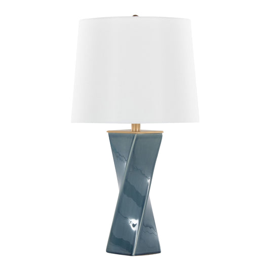 The Curvo - Square Contemporary Table Lamp features a twisted glossy blue ceramic base and a wide white fabric lampshade, shown against a plain white background.