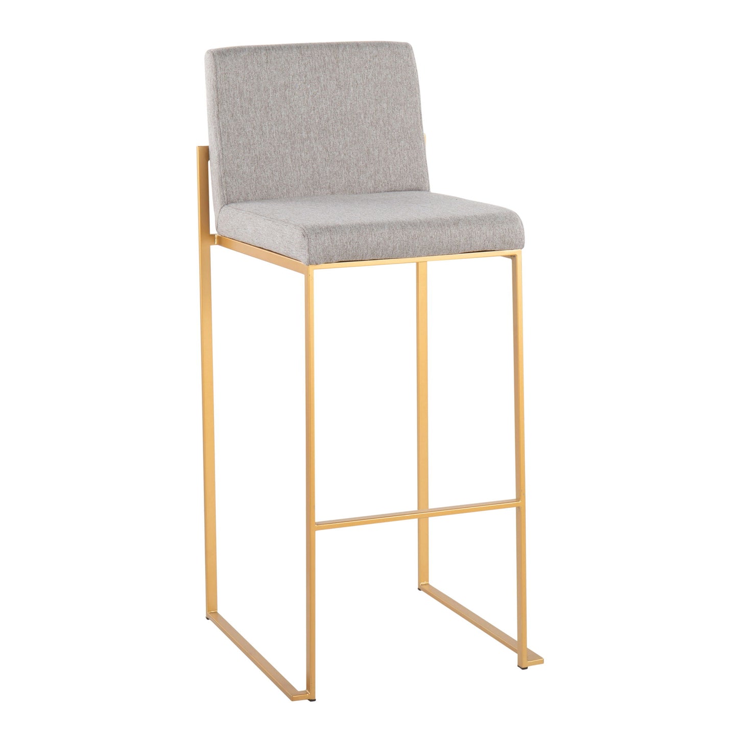 The Fuji - Contemporary Design High Back Barstool (Set of 2) features a gold metal frame, light gray cushioned seat and backrest, minimalist open-leg design, and no armrests for a modern look.