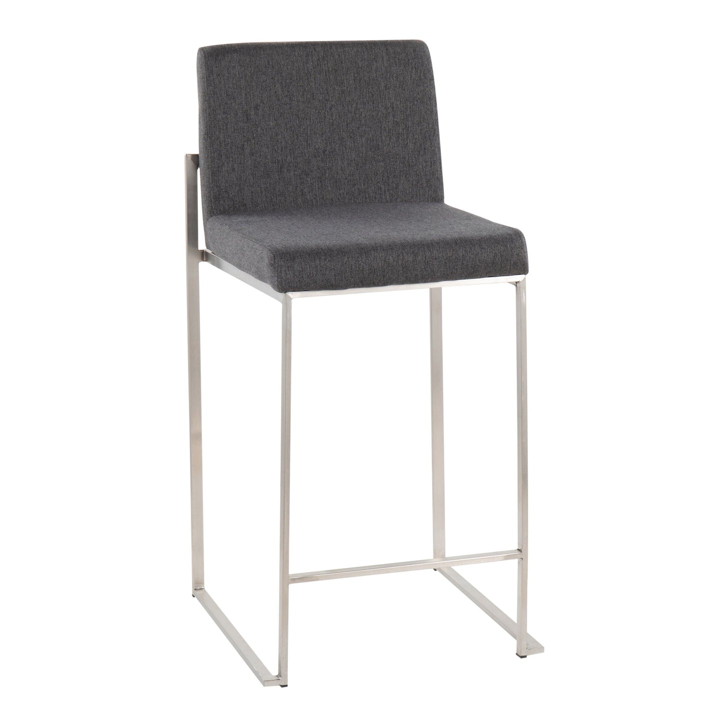 The Fuji Contemporary High Back Counter Stool features a functional design with a square cushioned gray fabric seat and backrest, complemented by a sleek chrome-finished metal frame and open rectangular legs.