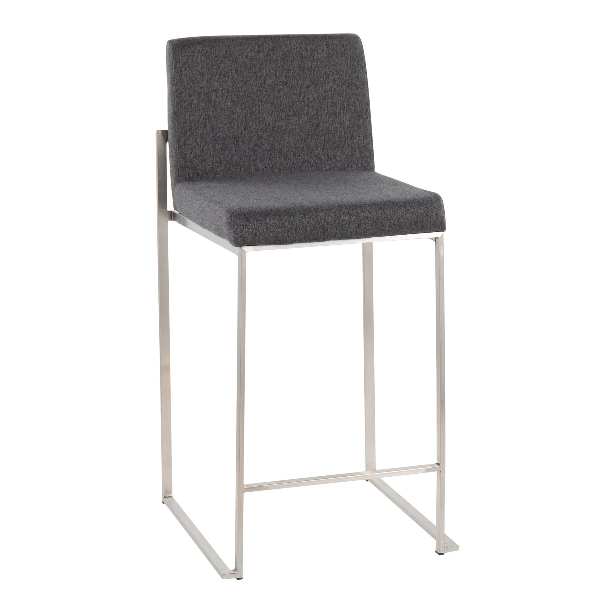 The Fuji Contemporary High Back Counter Stool features a functional design with a square cushioned gray fabric seat and backrest, complemented by a sleek chrome-finished metal frame and open rectangular legs.