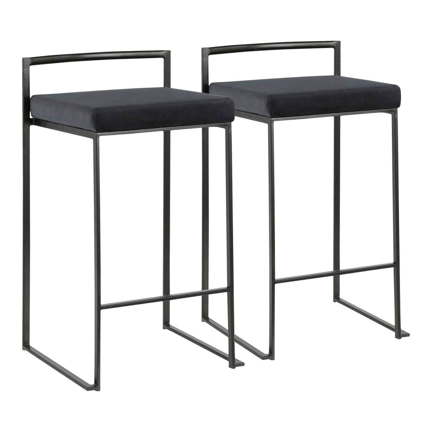 Two Fuji Contemporary Style Stackable Counter Stools with black metal frames, low backrests, and rectangular black cushioned seats are placed side by side on a white background.