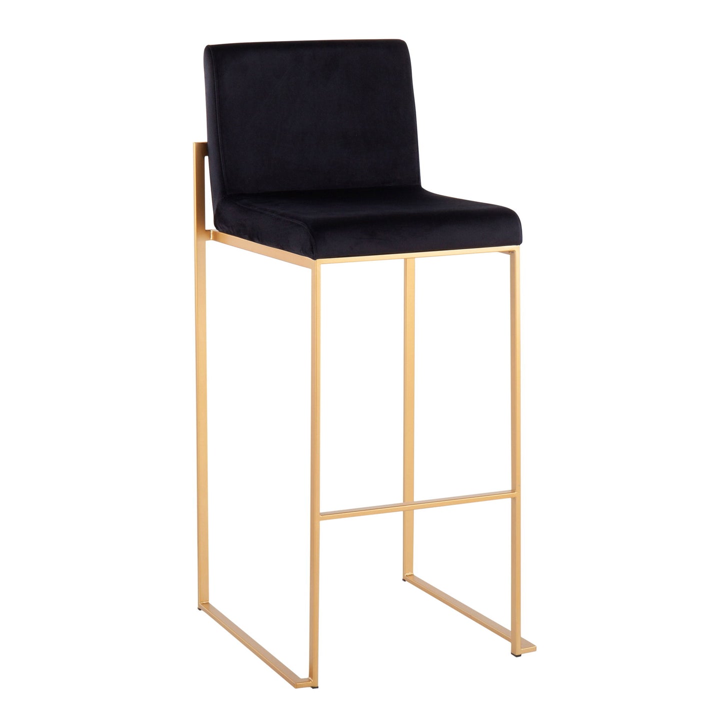 The Fuji - Contemporary Design High Back Barstool (Set of 2) features a sleek gold metal frame with a black cushioned seat and backrest for a modern, minimalist look.