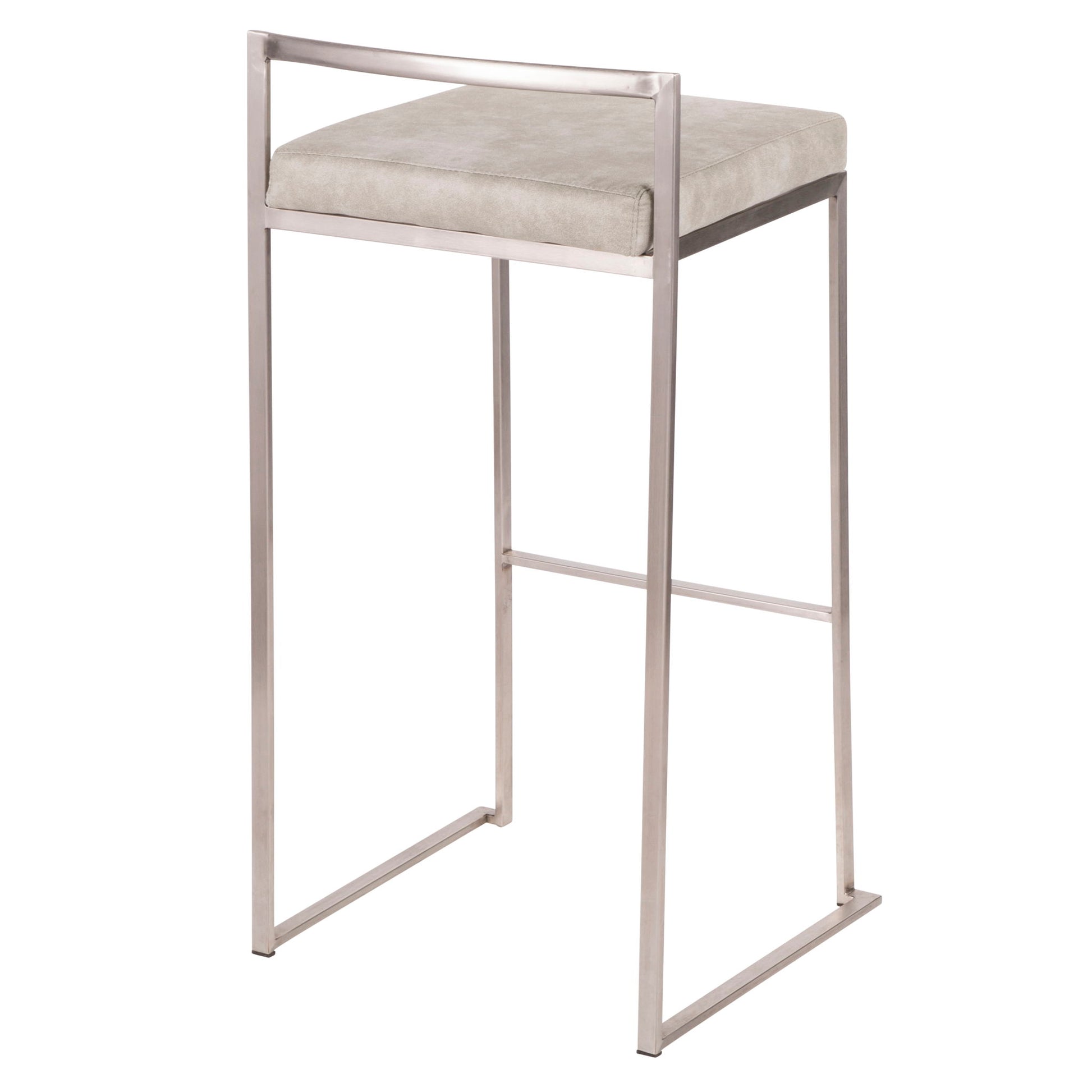 The Fuji Stackable Barstool features a contemporary, elegant design with a minimalist metal frame, a light gray cushioned seat, rectangular backrest, and open sides for a sleek modern look.