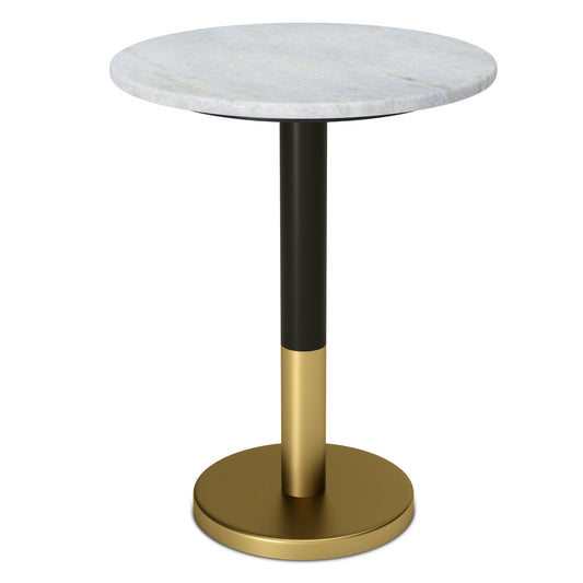The Evans - Marble Side Table - White features a small round white marble top, a black and gold cylindrical metal pedestal, and a sturdy gold circular base.