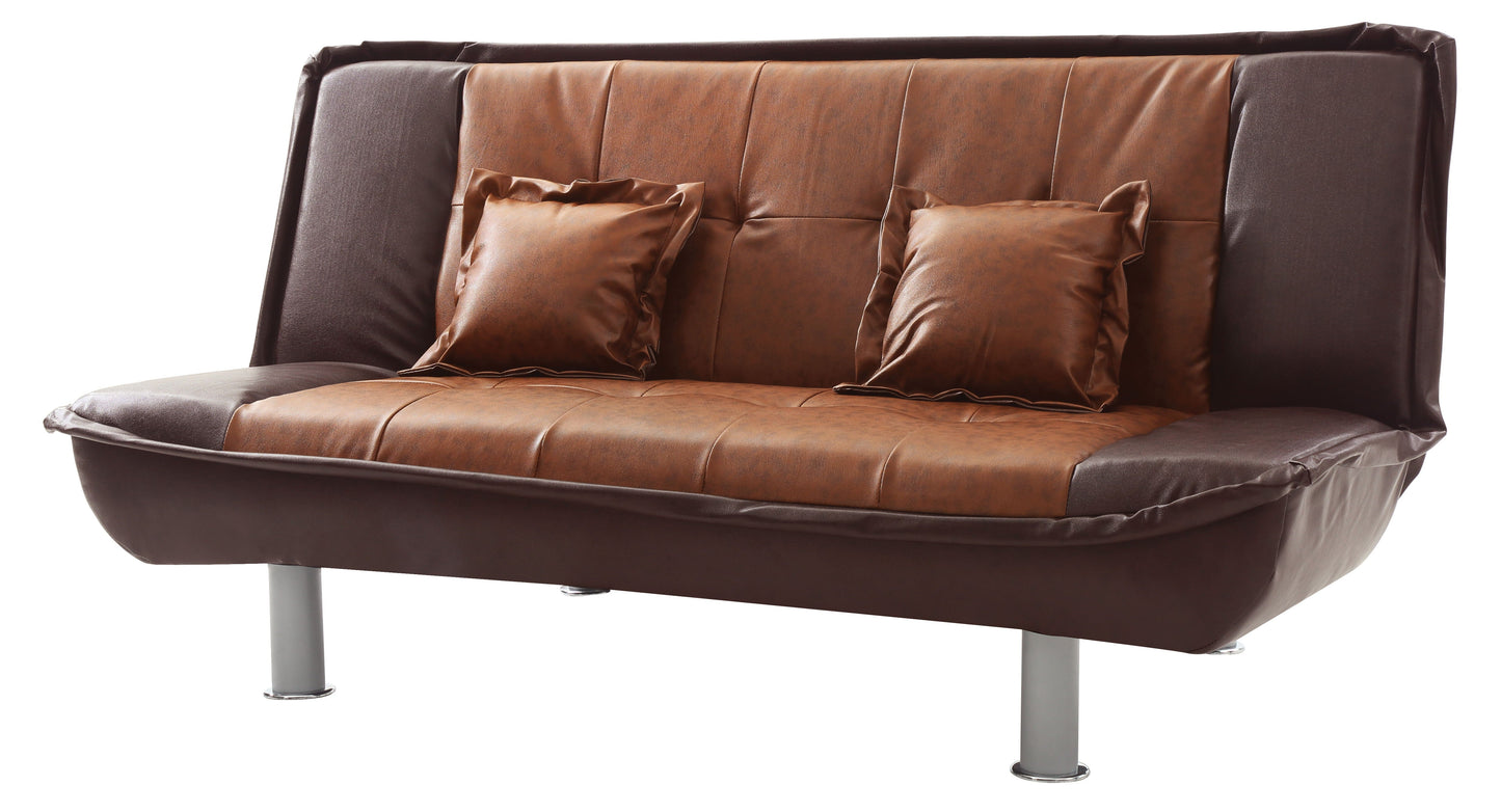 The Lionel - Sofa Bed - Two Tone features brown leather and fabric with two matching cushions, showcasing a sleek design with silver cylindrical legs for modern comfort.