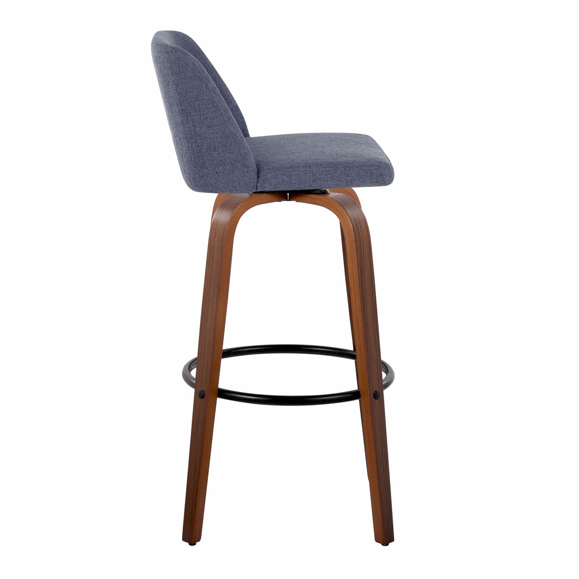 The Toriano Mid Century Modern Fixed Height Barstool features a curved wooden base, black metal round footrest, and gray fabric cushioned seat and backrest, shown from the side on a white background. Set of 2.